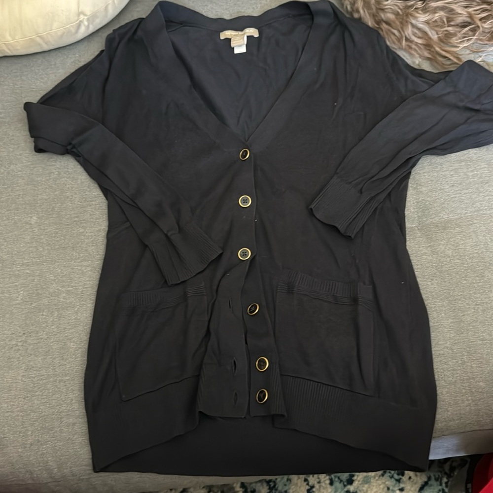 Navy sweater with gold buttons